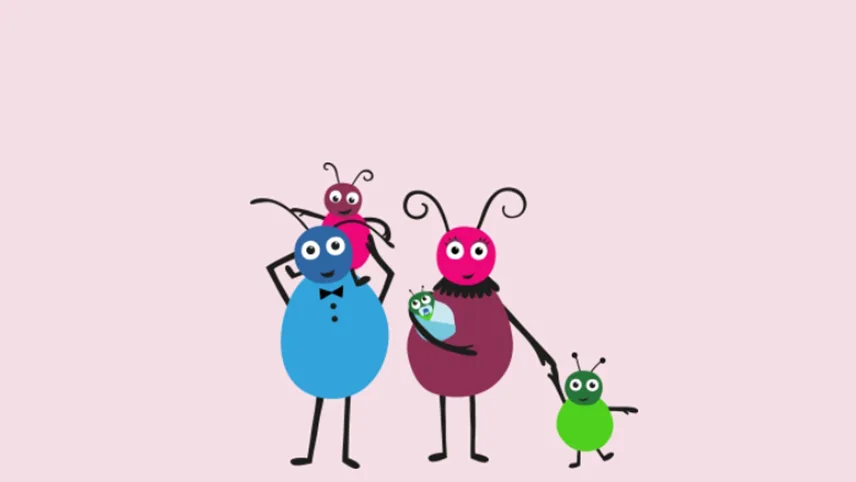 Butikens maskot Loppen tillsammans med sin familj mot en ljusrosa bakgrund.