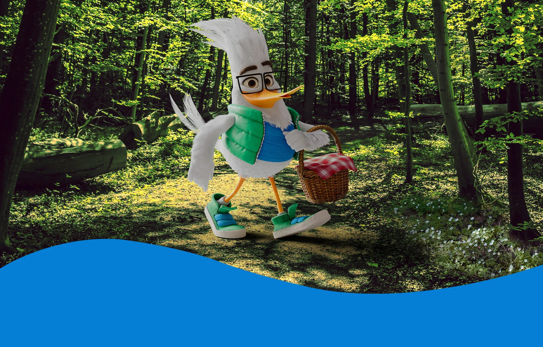 Øresundsbrons maskot Gustav er ude i den svenske natur på gåtur med en picnickurv