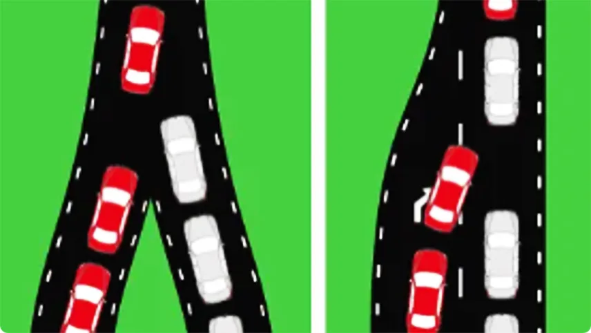 Infografik som visar en väg mot grön bakgrund, och röda alternativt vita bilar som illustrerar korrekt användning av blixtlåsprincipen.