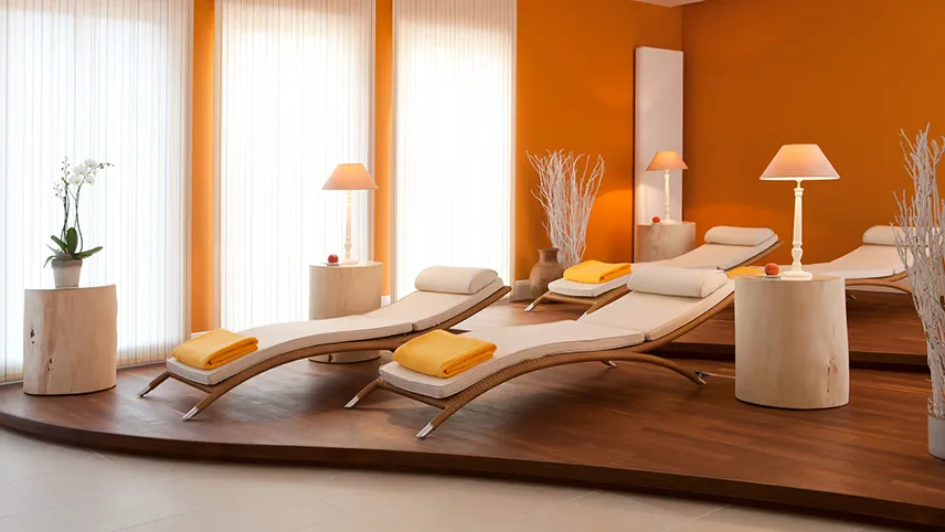 Loungestolar och avkopplande stämning i hotellets eget spa.