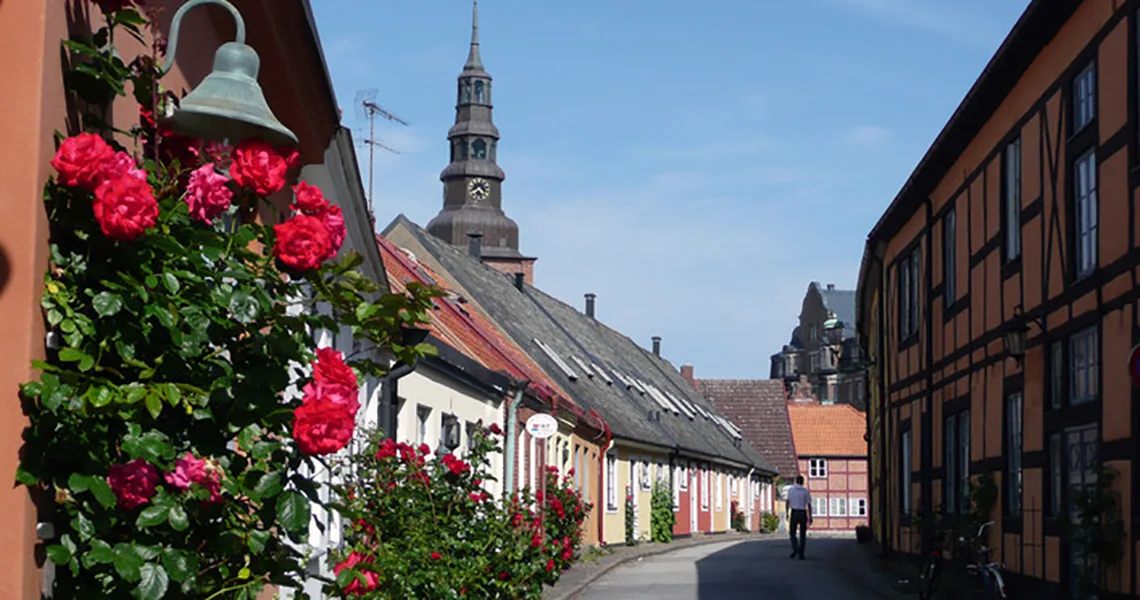 En lille gade i Ystad med små gadehuse og Maria-kirken i baggrunden.