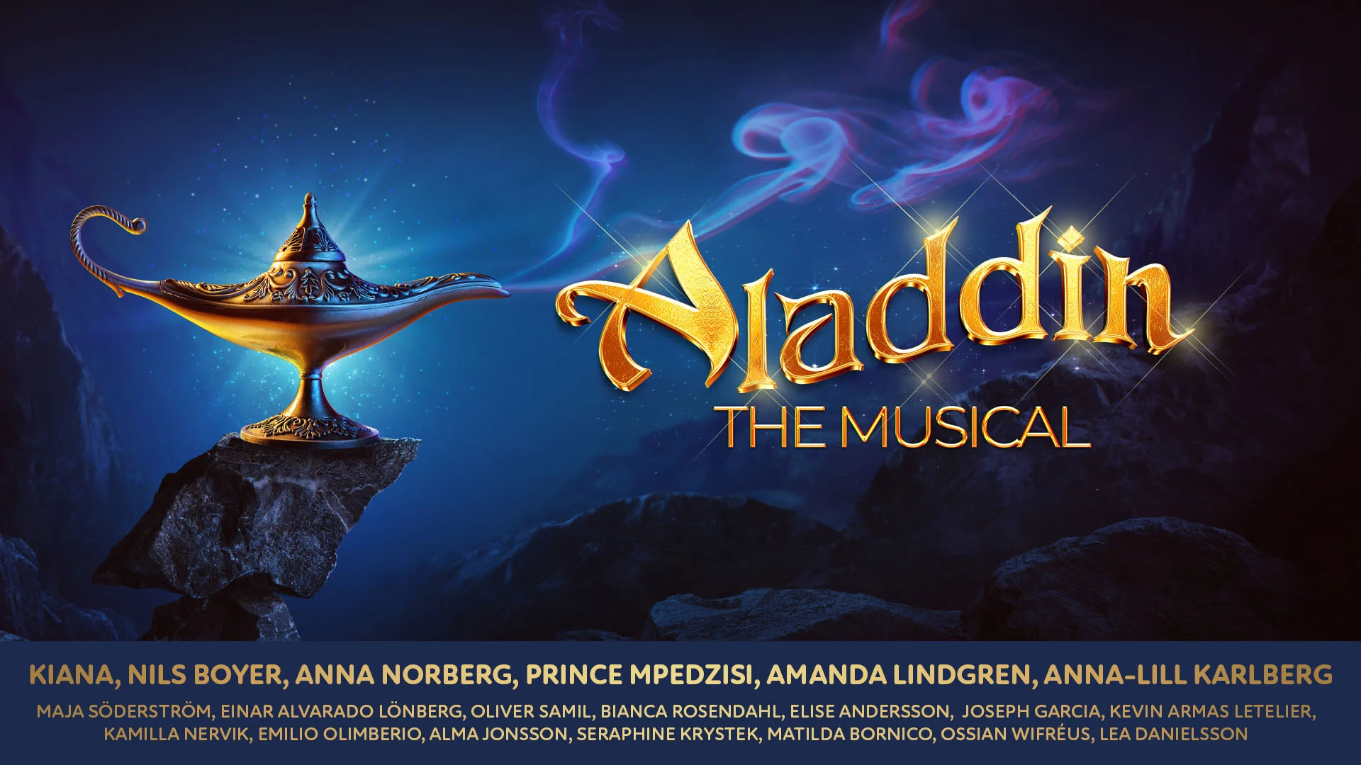 Aladdin the musical i Malmøs plakat med Genies lampe.