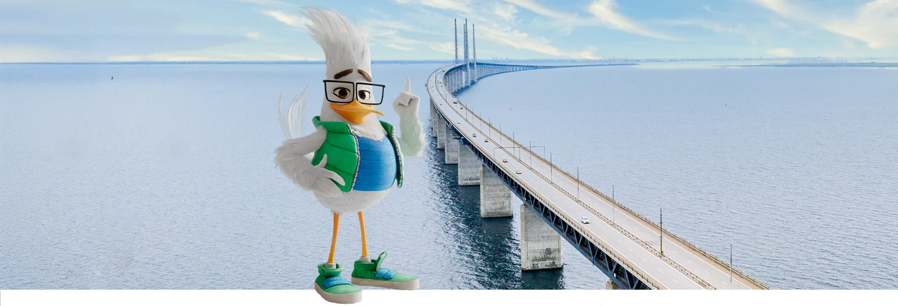 ØresundGO fuglen Gustav viser Øresundsbron frem.