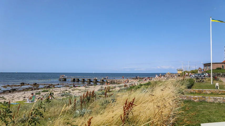 Det skønne naturområde omkring Torekov Hotell med stranden helt tæt på og en badebro ud til vandet. 