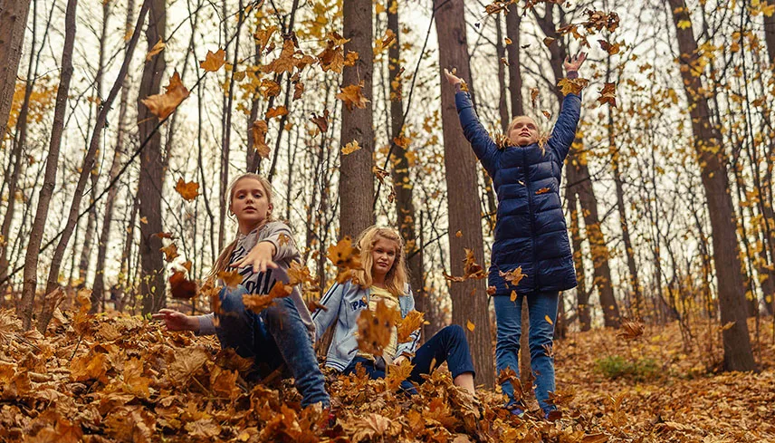 Tre barn leker bland orange och röda höstlov på marken i en skog.