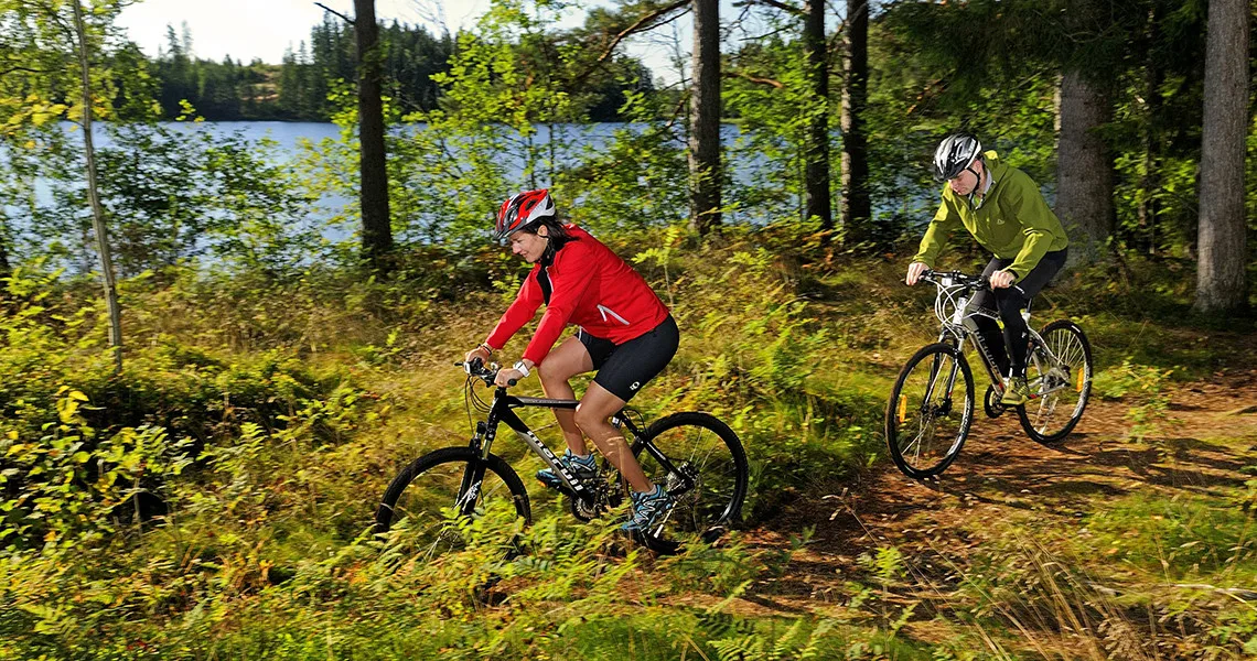 Mennesker, der kører på mountainbike i skoven på Isaberg Mountain Resort.