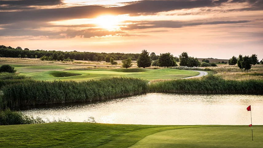 Golfbanan i solnedgång en sensommardag.