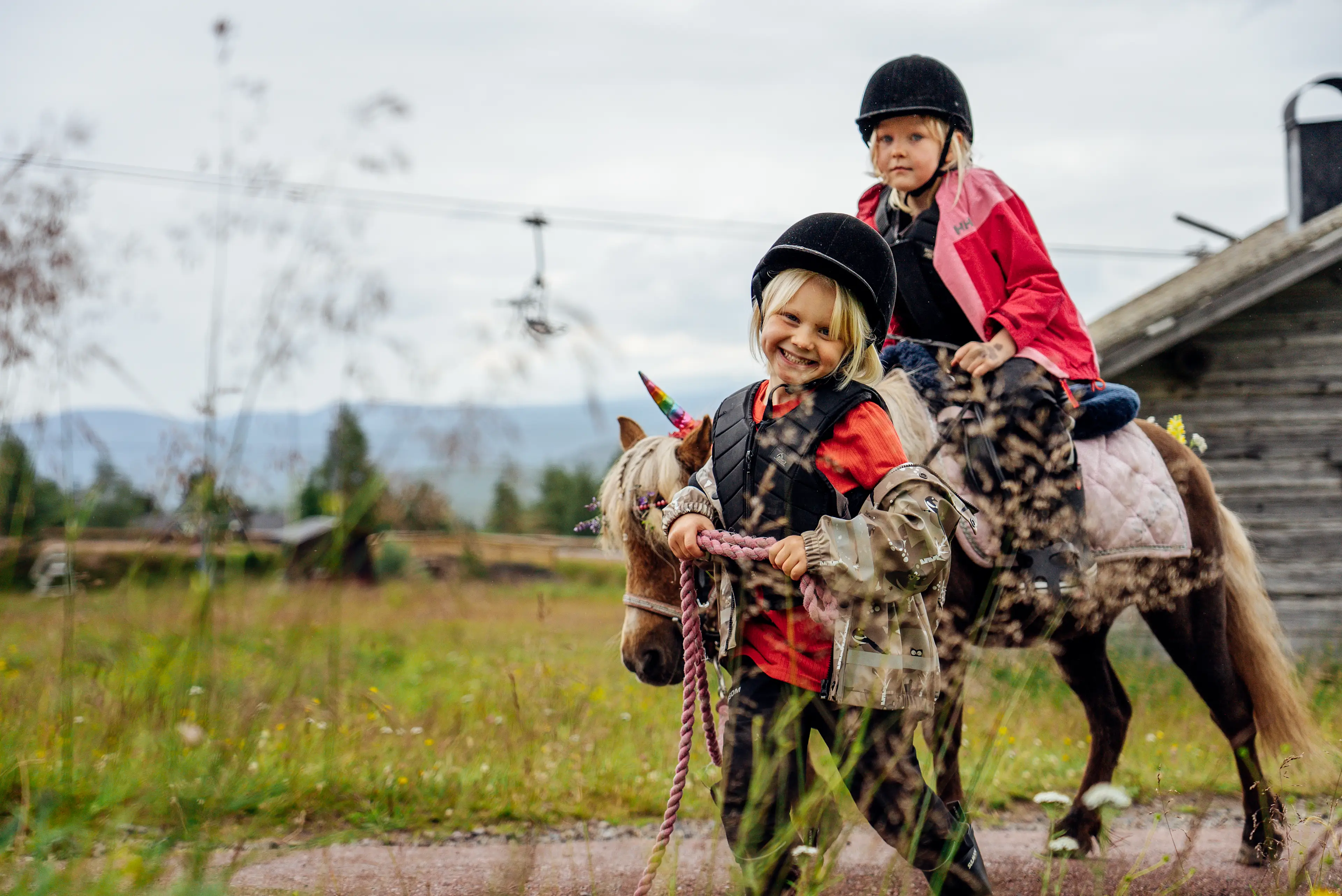 Sommer Idre Fjäll hvor to børn trækker en sød pony.