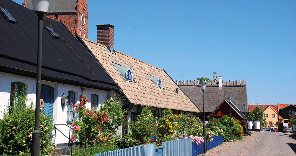 Gadehuse med roser på facaderne i Åhus.