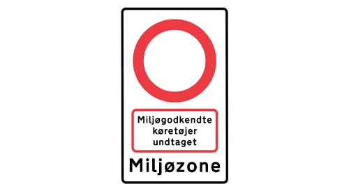 Danish environmental zone sign marking the entrance to environmental zones. The sign has a white background, black text and border, and a red circle to indicate the zone.  