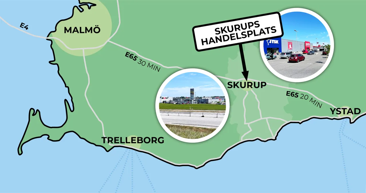 Kort over Skurup Handelsplats i Skåne mellem Øresundsbron og Ystad.