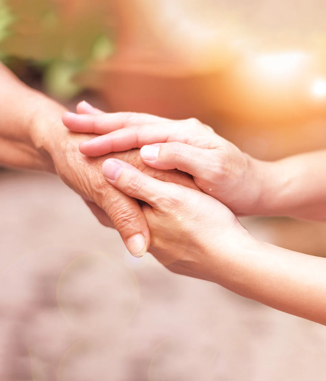 Young hands holding elderly hands supportively