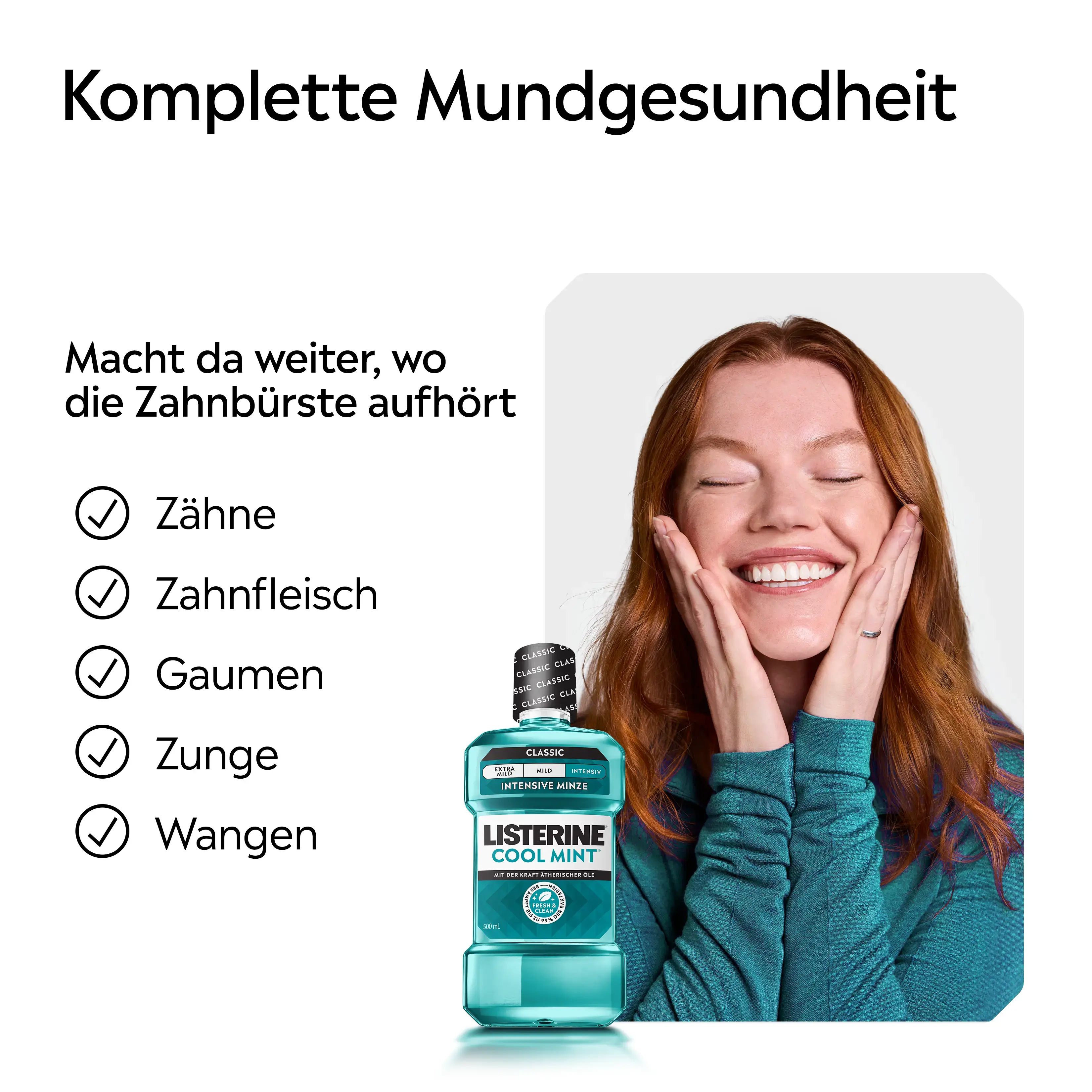 LISTERINE® Cool Mint Intensive Minze Mundspülung (Classic, mit Alkohol) mit Hinweis auf komplette Mundgesundheit für Zähne, Zahnfleisch, Gaumen, Zunge und Wangen.