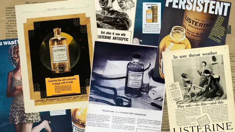 Eine erstellte Grafik mit gefakten Zeitungsausschnitten von Listerine