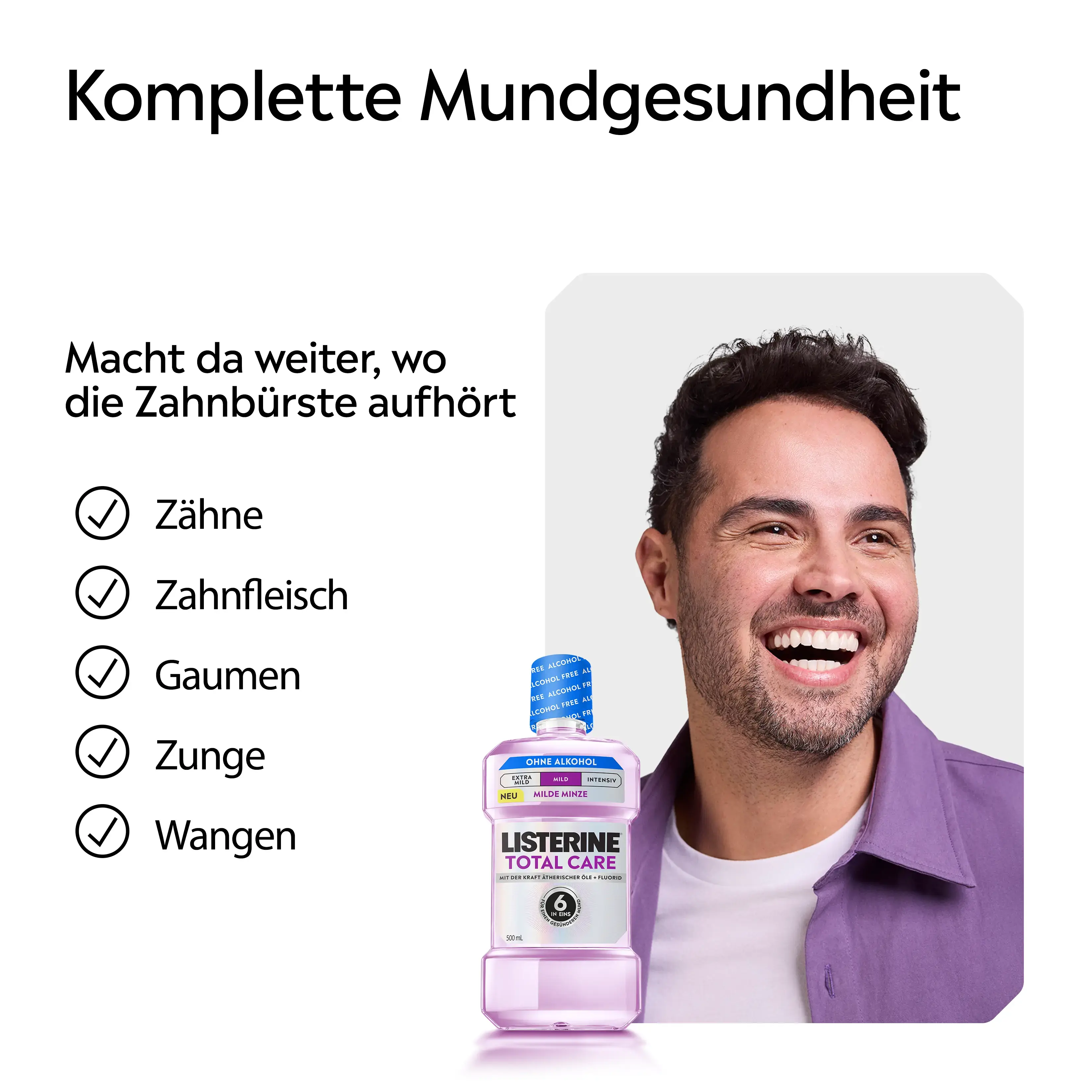 LISTERINE® Total Care mit Hinweis auf komplette Mundgesundheit für Zähne, Zahnfleisch, Gaumen, Zunge und Wangen.