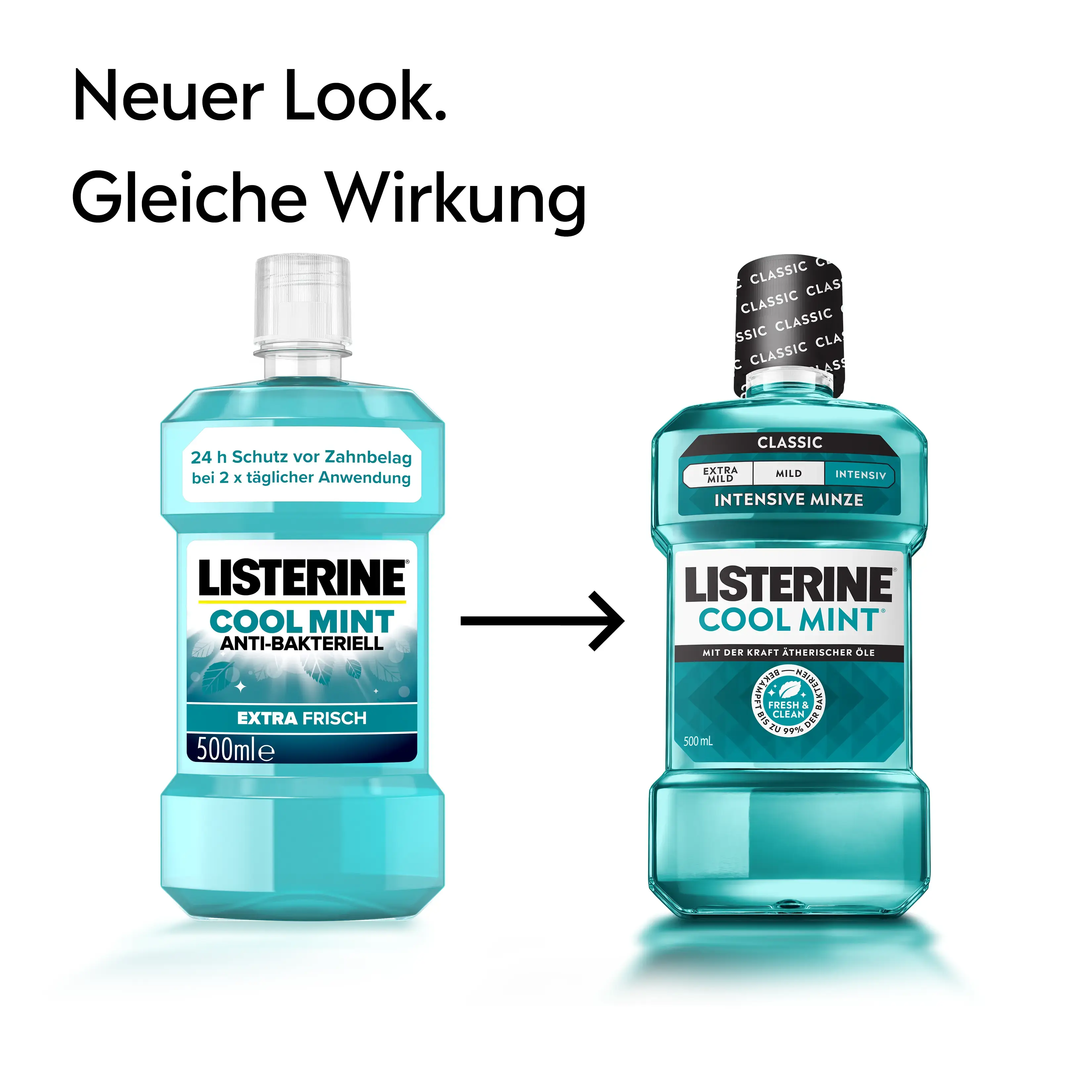 Vergleich zweier LISTERINE® Cool Mint Flaschen mit Hinweis „Neuer Look, gleiche Wirkung“ und Pfeil vom alten zum neuen Verpackungsdesign.