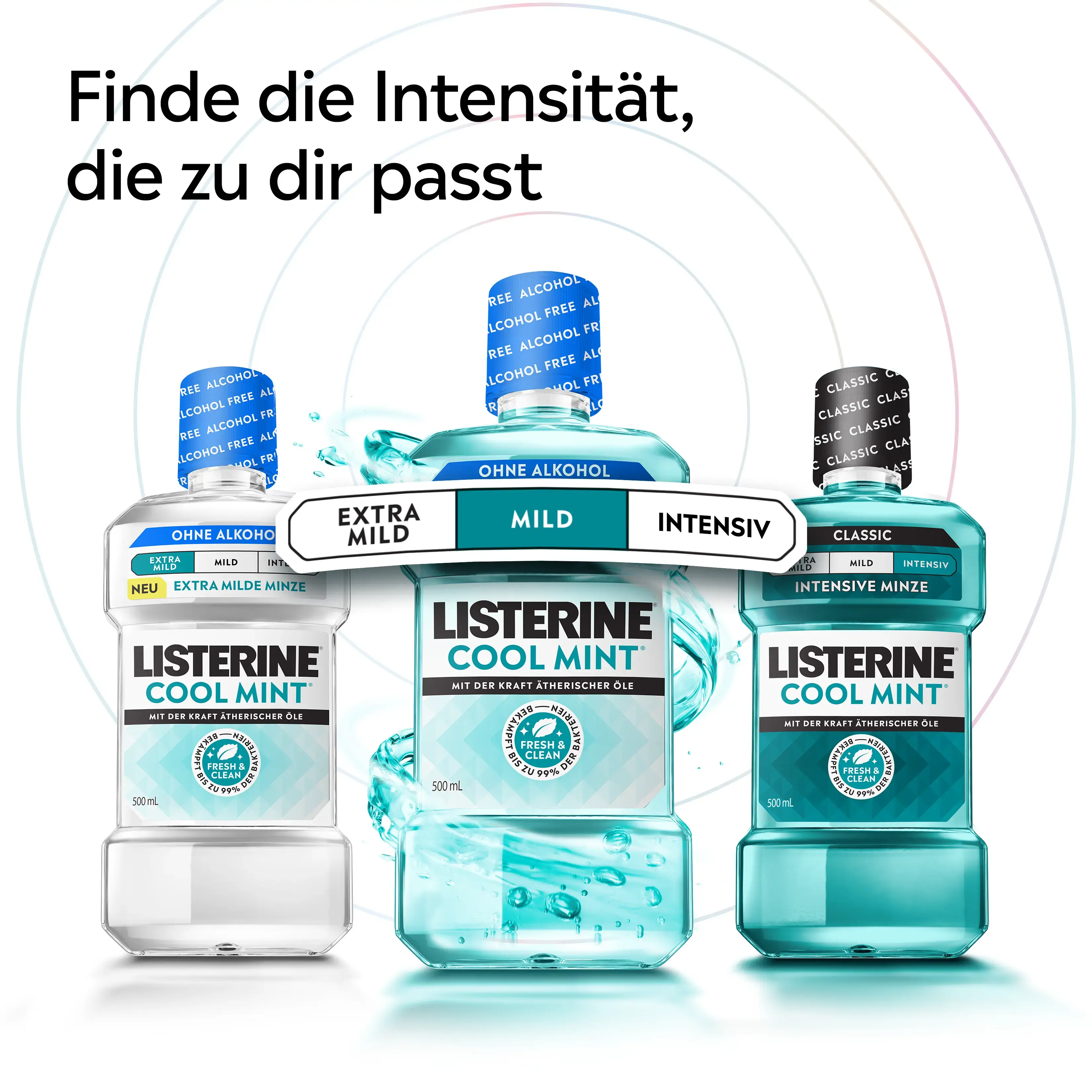 LISTERINE® Cool Mint in drei Intensitäten; Extra Mild und Mild ohne Alkohol, Intensive‑Variante mit Alkohol.