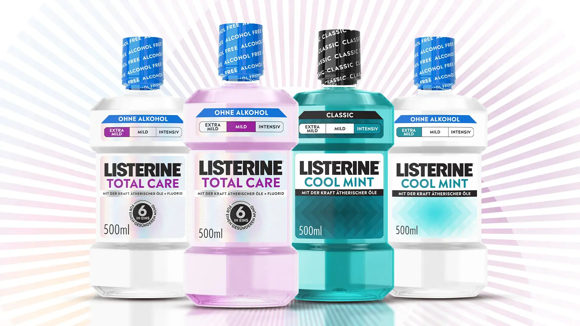 Vier LISTERINE Mundspülungen in 500 ml: Total Care ohne Alkohol, Total Care Mild ohne Alkohol sowie Cool Mint Classic und Cool Mint ohne Alkohol, dargestellt als Produktübersicht.