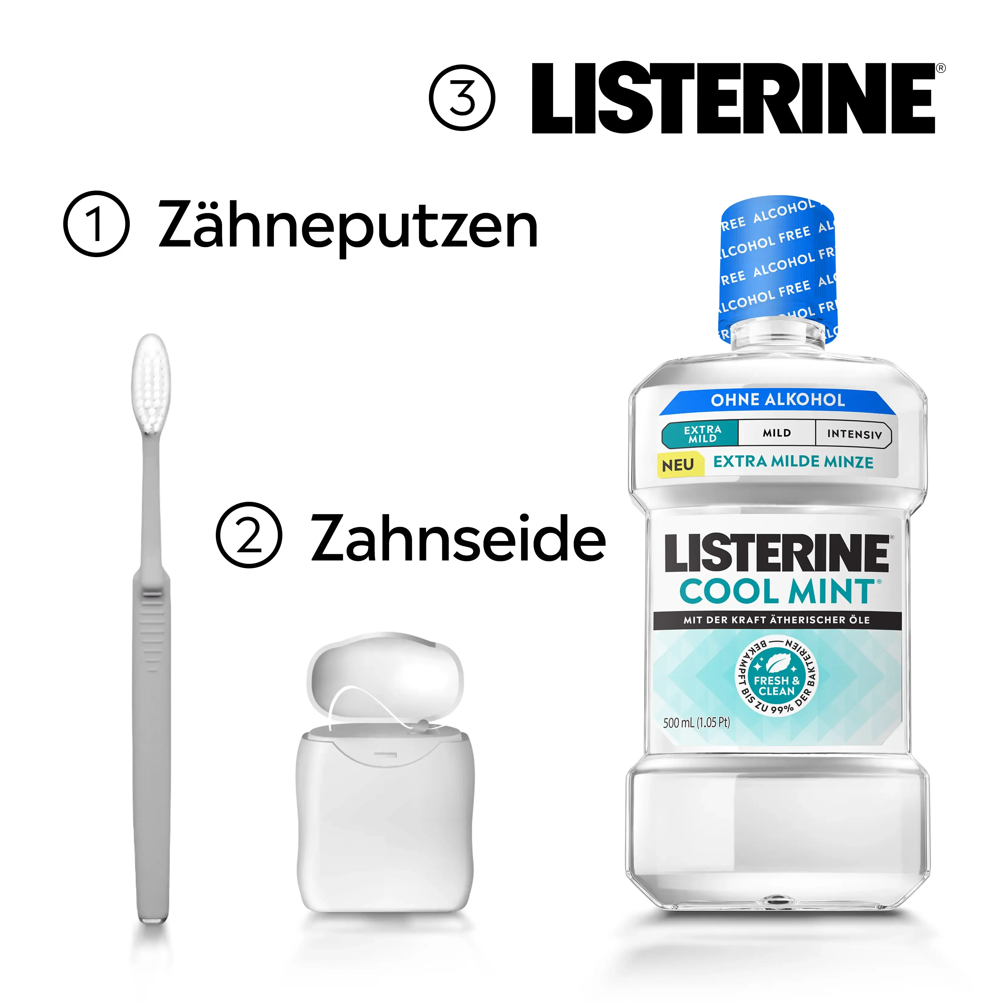 Mundpflegeroutine mit Zähneputzen, Zahnseide und LISTERINE® Cool Mint Extra Milde Minze ohne Alkohol.