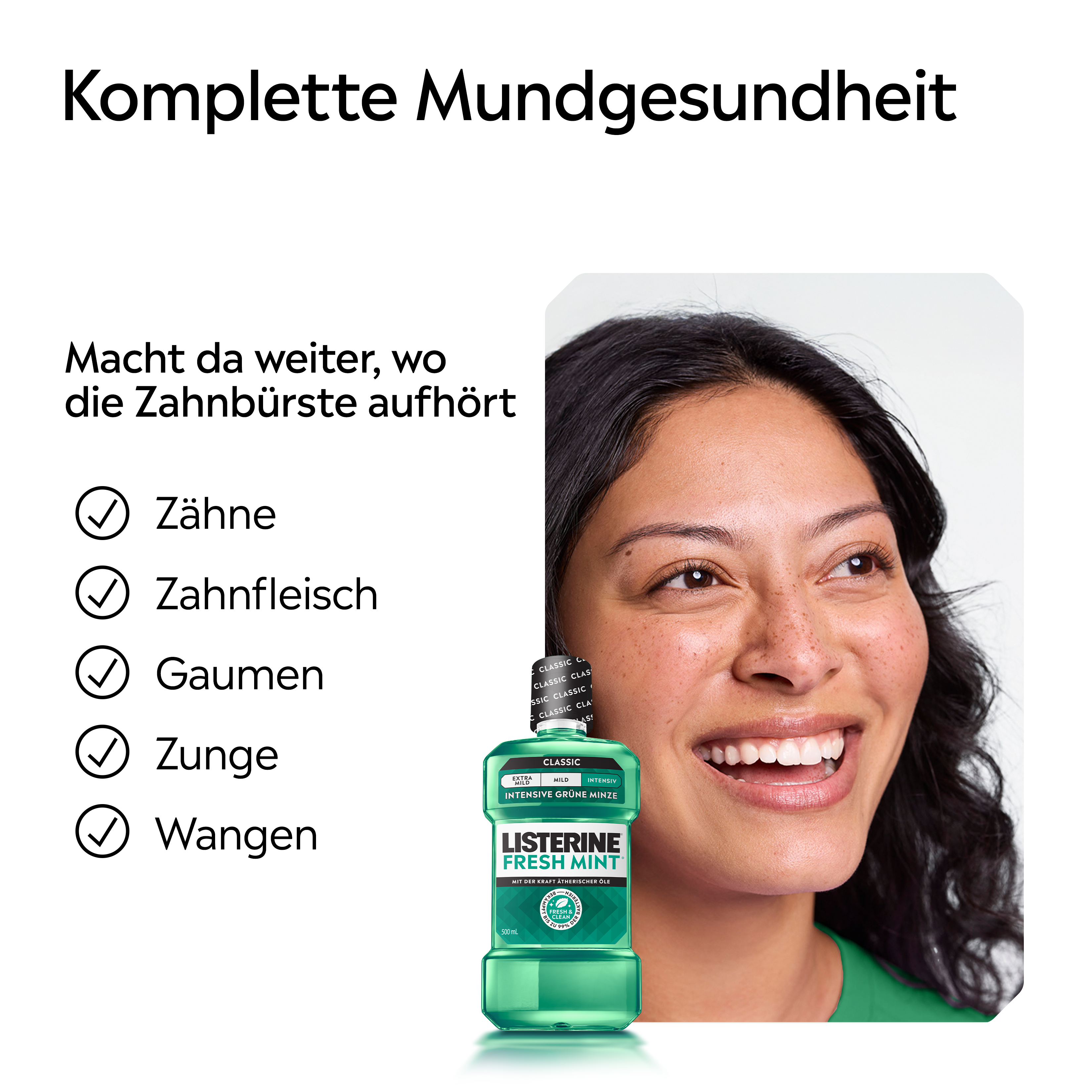 LISTERINE® FRESH MINT Intensive Grüne Minze (Classic) Mundspülung mit Alkohol mit Hinweis auf komplette Mundgesundheit für Zähne, Zahnfleisch, Gaumen, Zunge und Wangen.