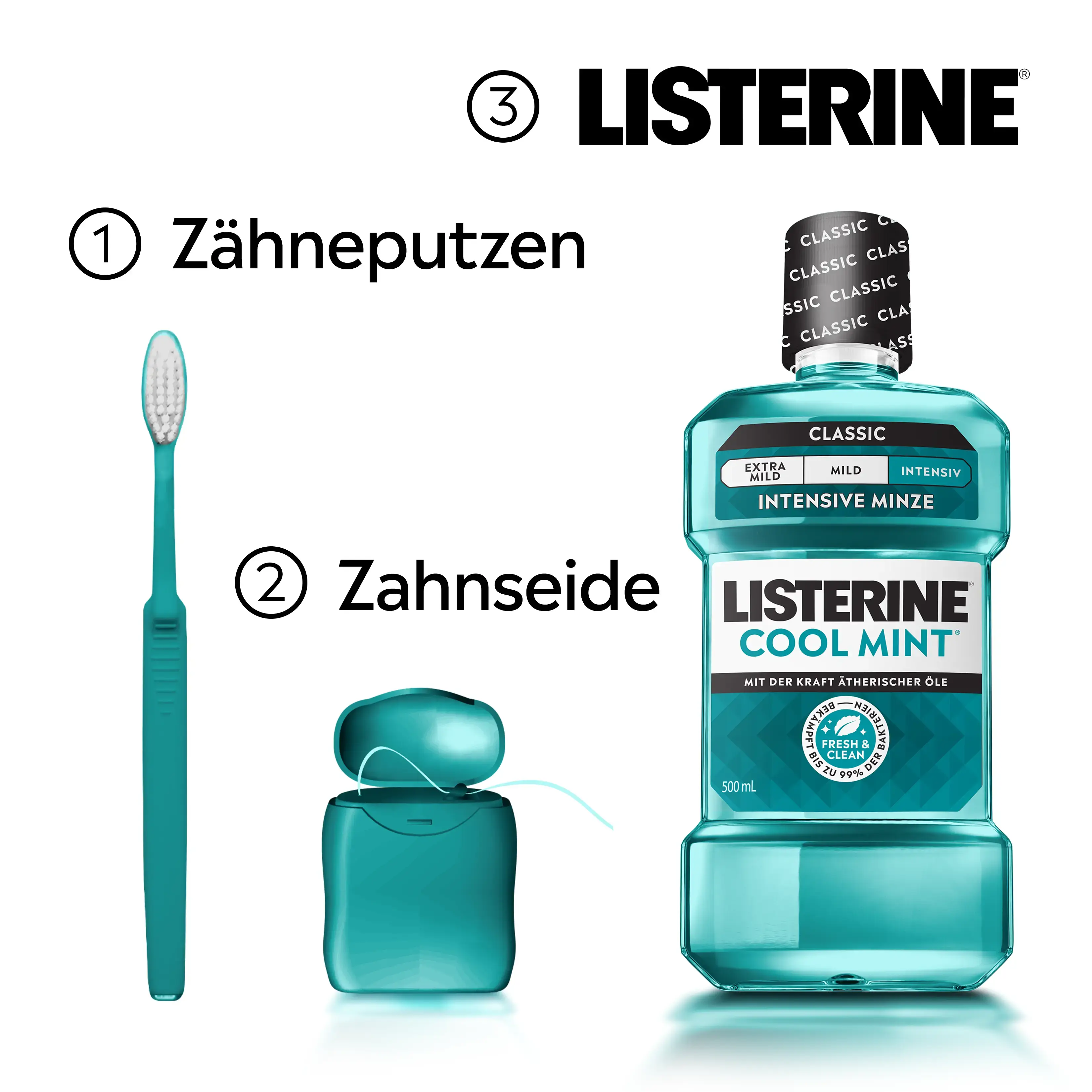 Drei Schritte der Mundpflege: Zähneputzen, Zahnseide und LISTERINE® Cool Mint Intensive Minze (Classic, mit Alkohol) als abschließende Mundspülung.