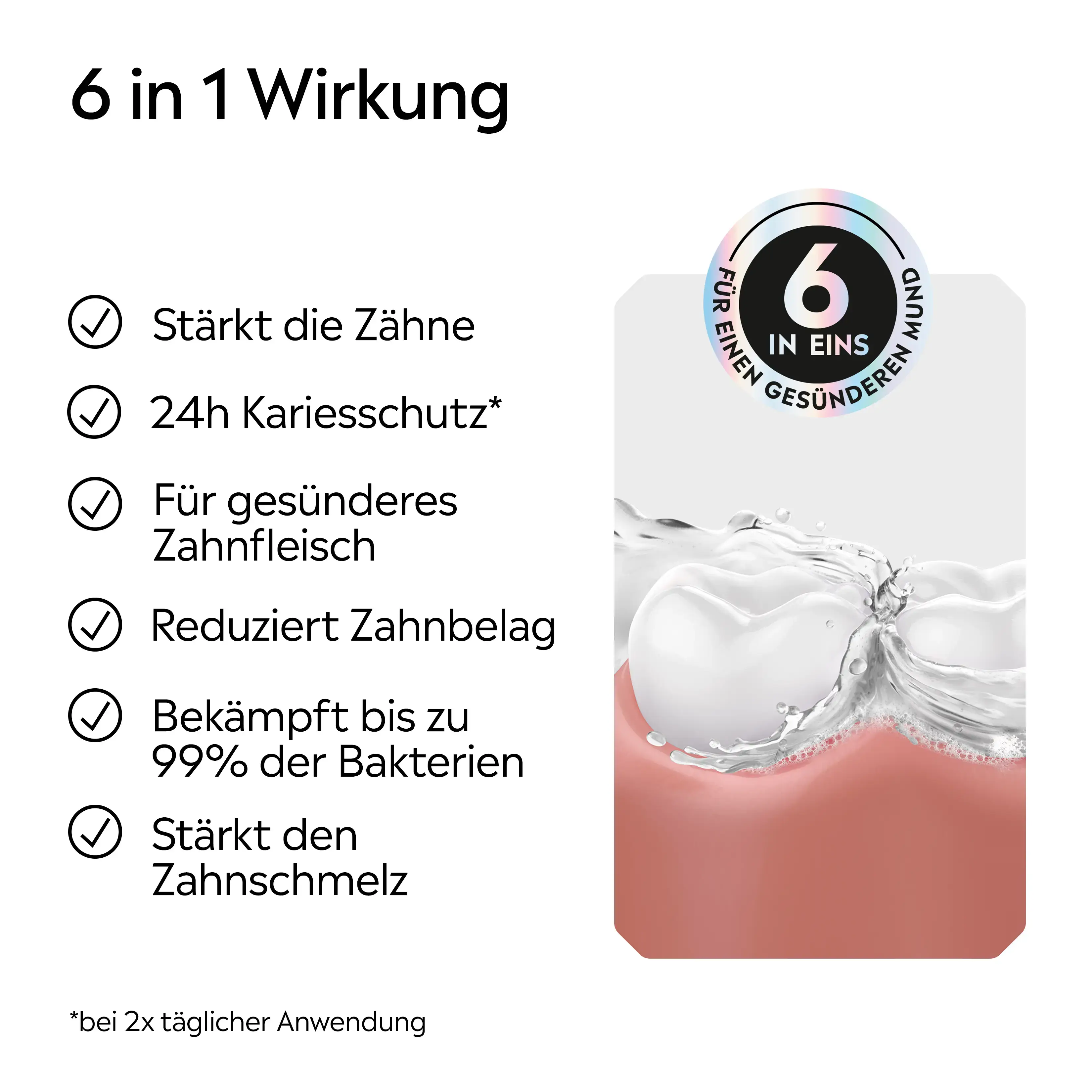 LISTERINE® Total Care mit 6‑in‑1‑Wirkung für Zähne, Zahnschmelz, Kariesschutz, gesundes Zahnfleisch, weniger Zahnbelag und bis zu 99 % weniger Bakterien.​