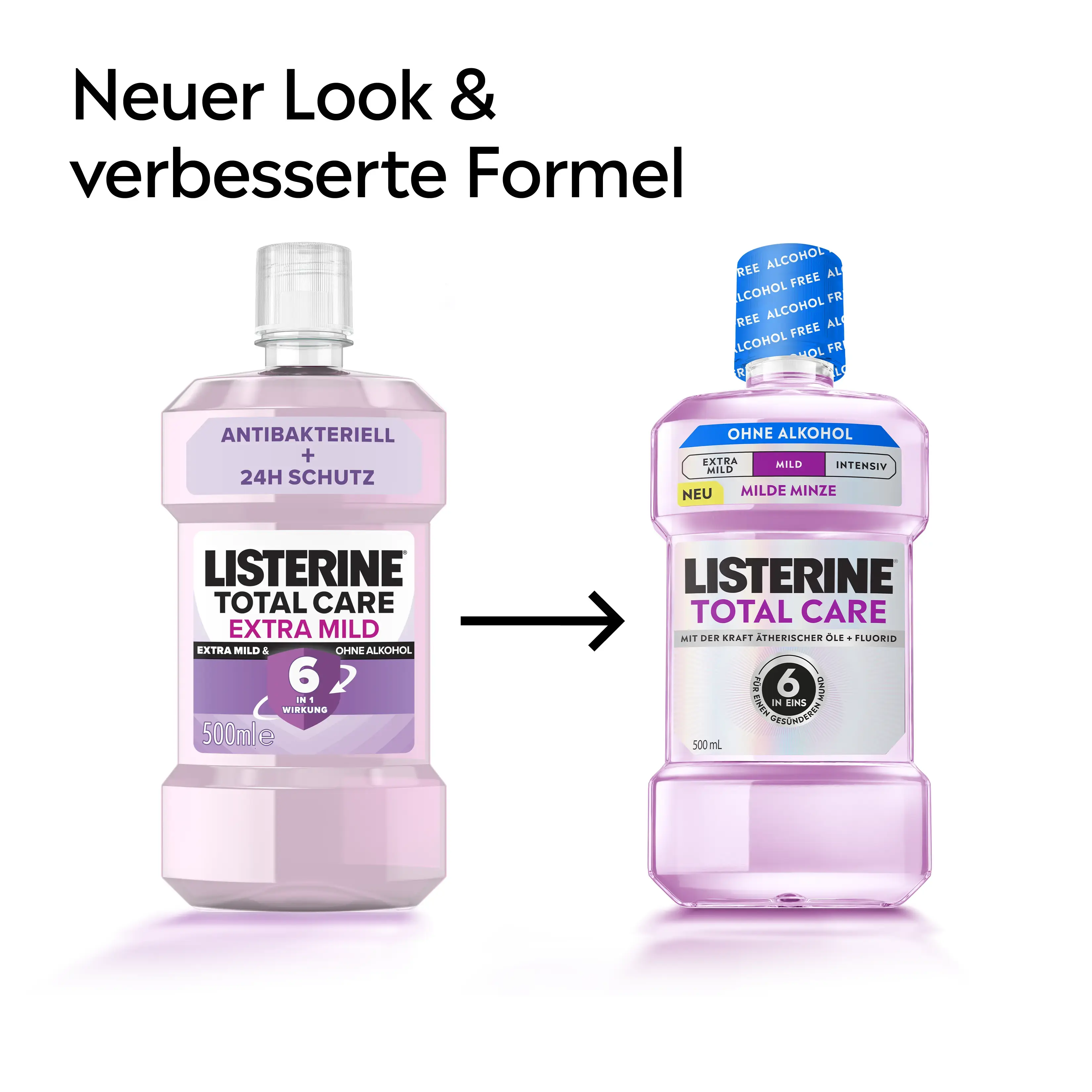 LISTERINE® Total Care Mundspülung mit Hinweis auf neuen Look und verbesserte Formel.