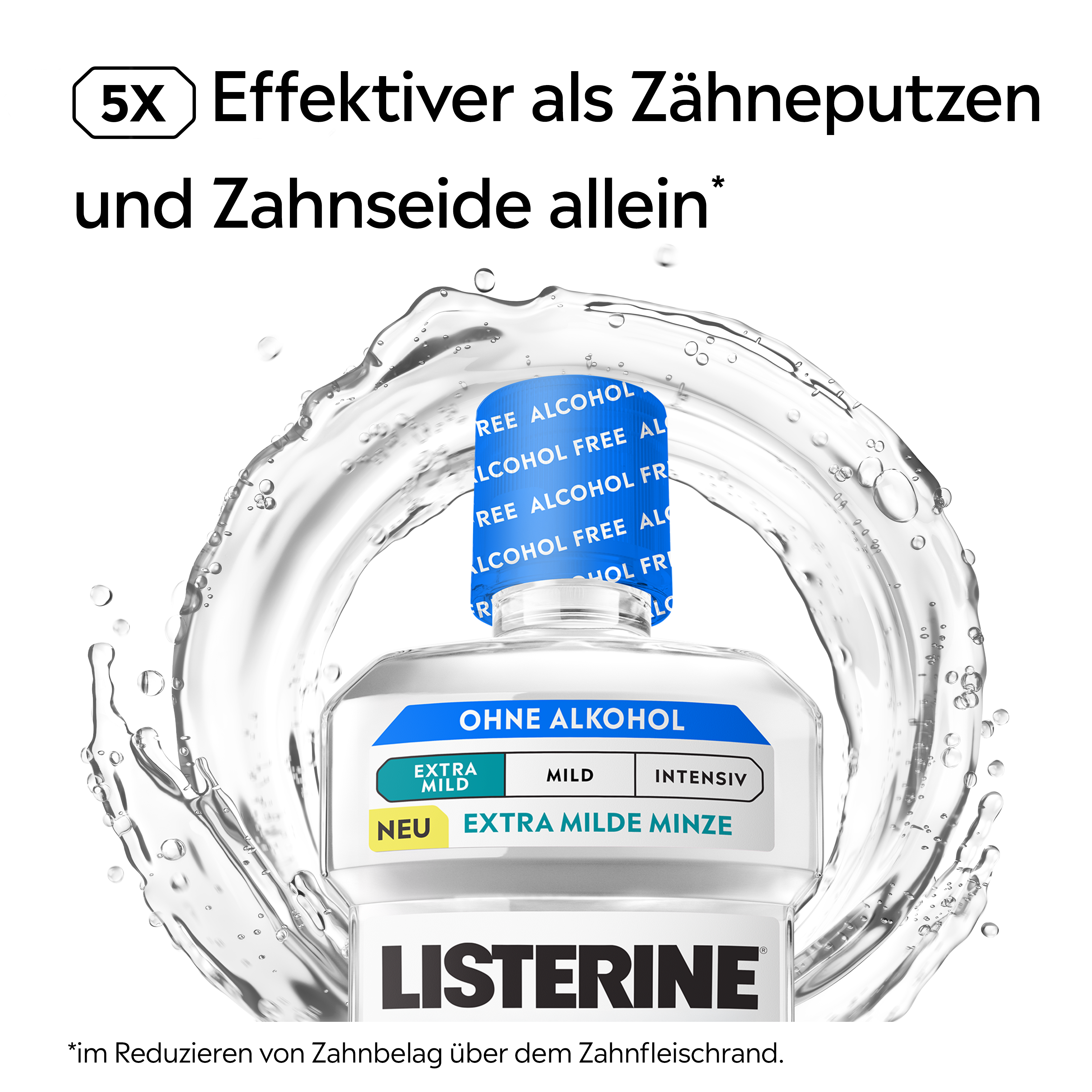 LISTERINE® COOL MINT alkoholfreie Mundspülung – „Extra milde Minze“ Flasche im kreisförmigen Wasser-Splash, Claim „5x effektiver als Zähneputzen und Zahnseide allein“* Plaque-Reduktion & frischer Atem ohne Alkohol