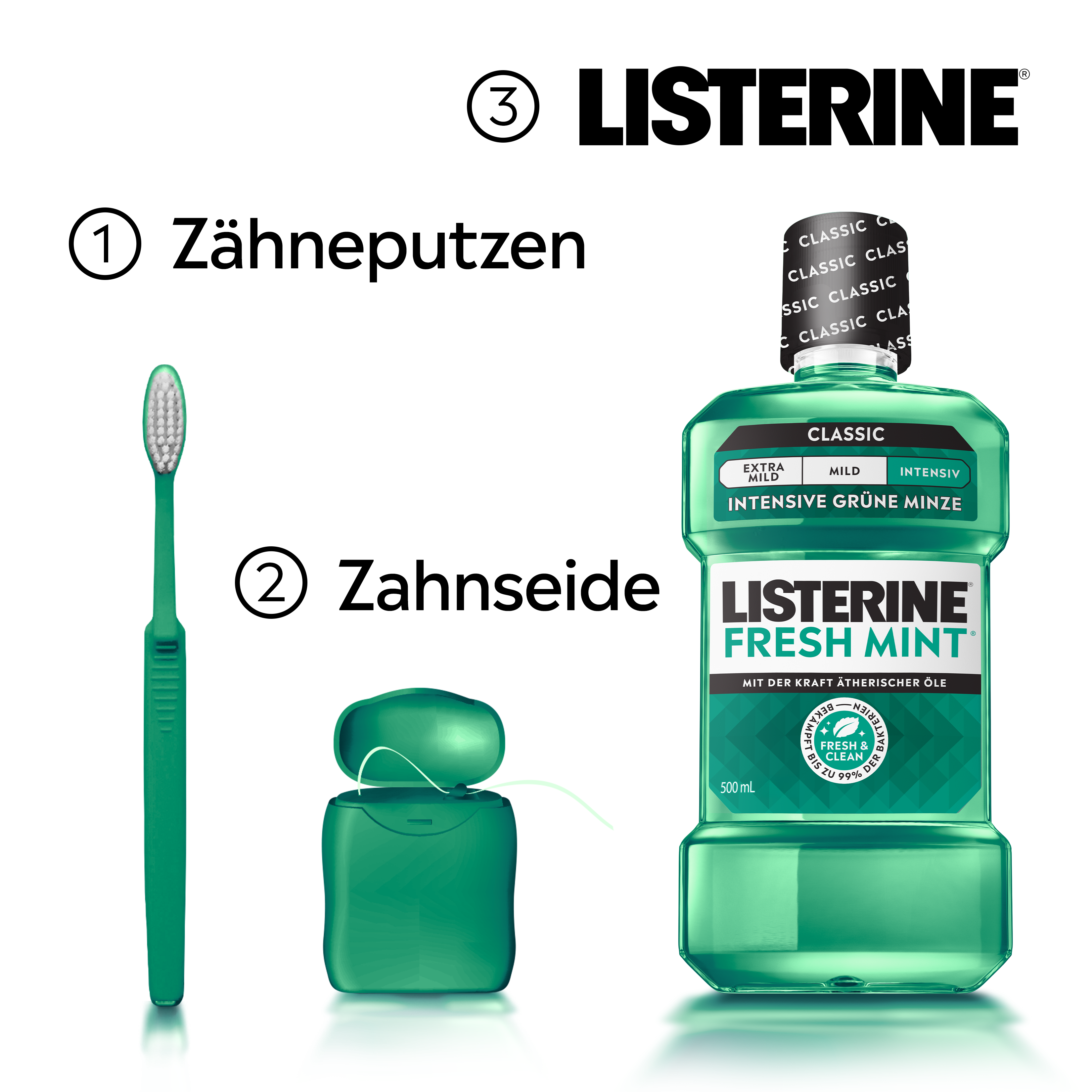 Mundpflegeroutine mit Zähneputzen, Zahnseide und LISTERINE® FRESH MINT Intensive Grüne Minze (Classic) mit Alkohol.