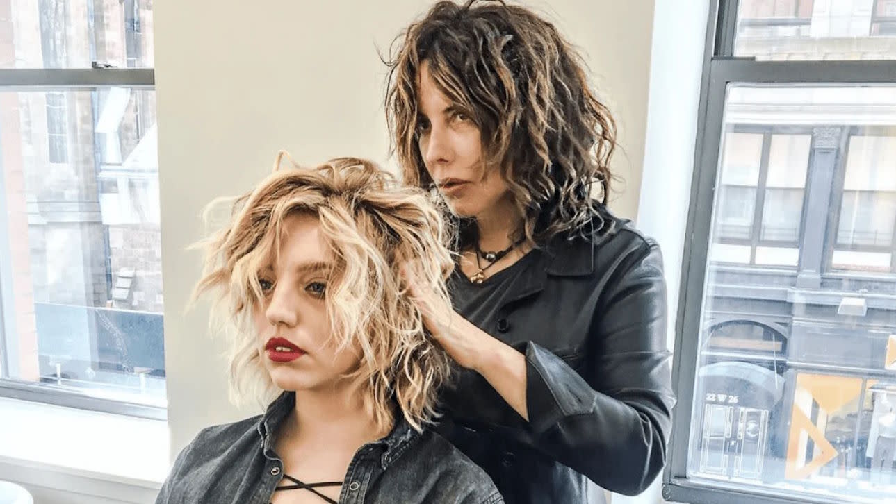Sally Hershberger puts the finishing touches on a client's edgy shag.