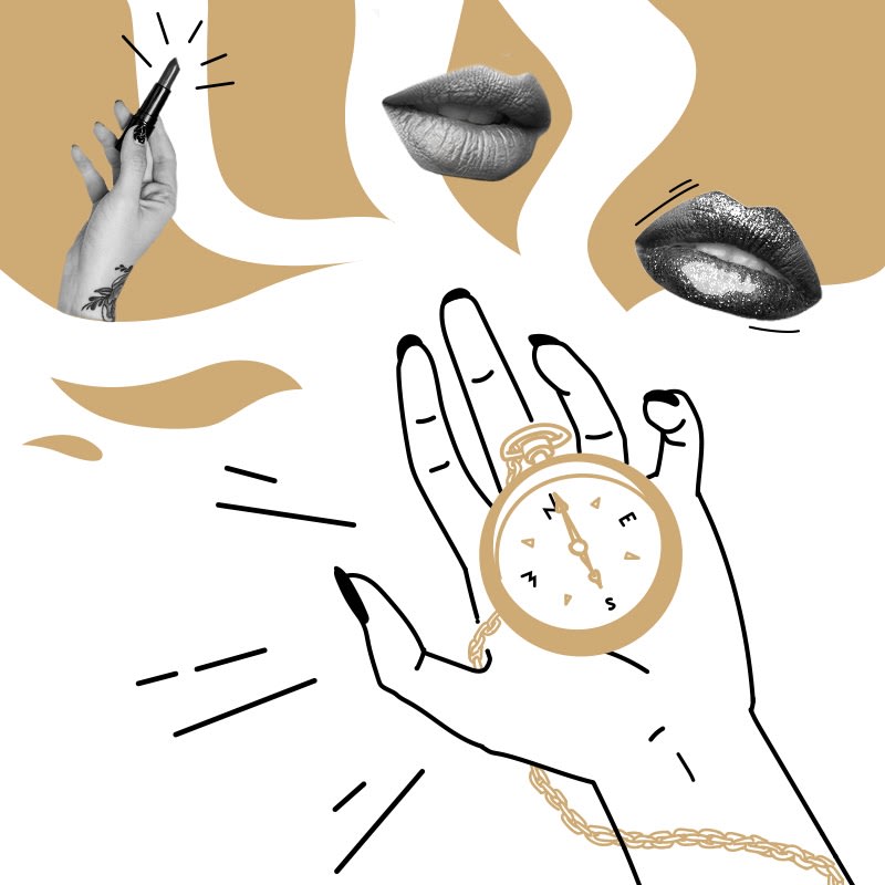 Illustration of a hand holding a compass, images of lips, and a hand holding lipstick
