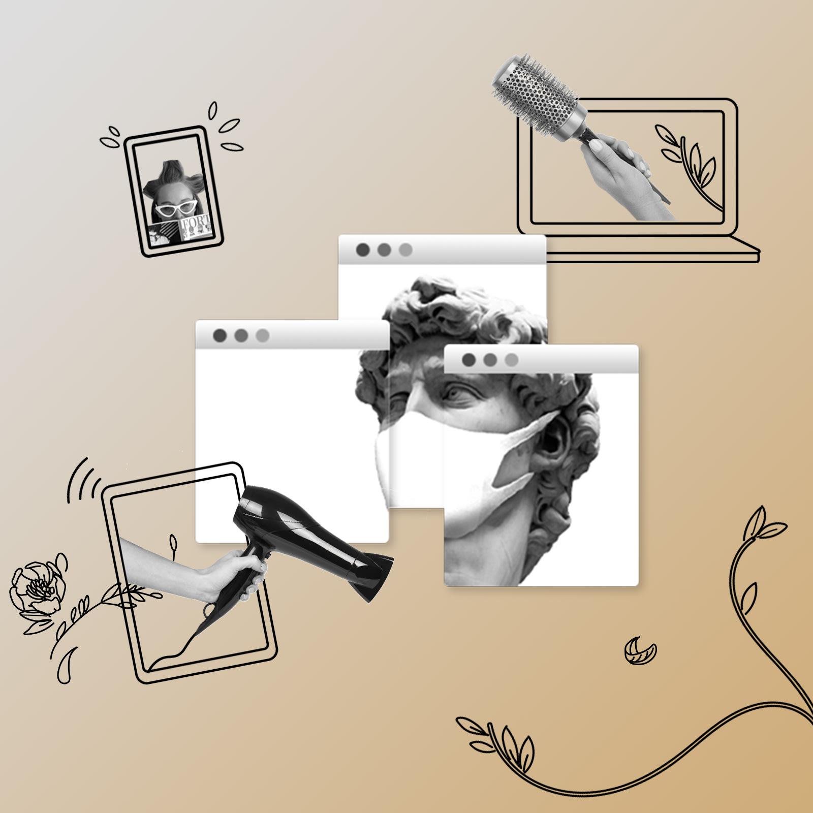 Illustration of a blow dryer coming out of a tablet, a statue head in a mask in browser windows, and a round brush coming out of a laptop