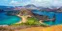 Beautiful peninsula surrounded by blue water and mountains, Bartolome Island, Galapagos.