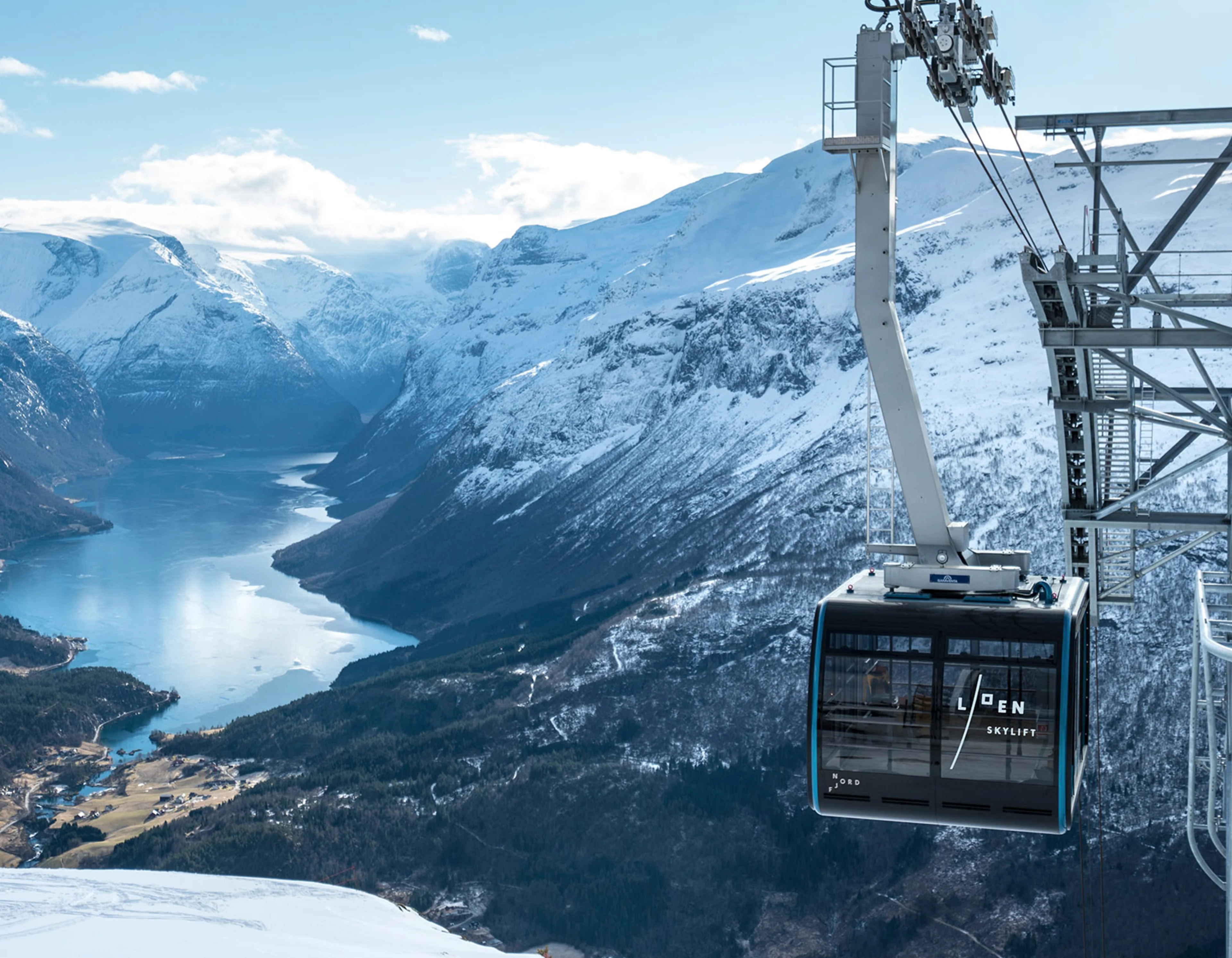 Snow-covered mountain scene and Loen Skylift, Nordfjorden