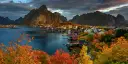 Reine, a small village with wooden houses next to the sea, surrounded by mountains and autumn colored trees.