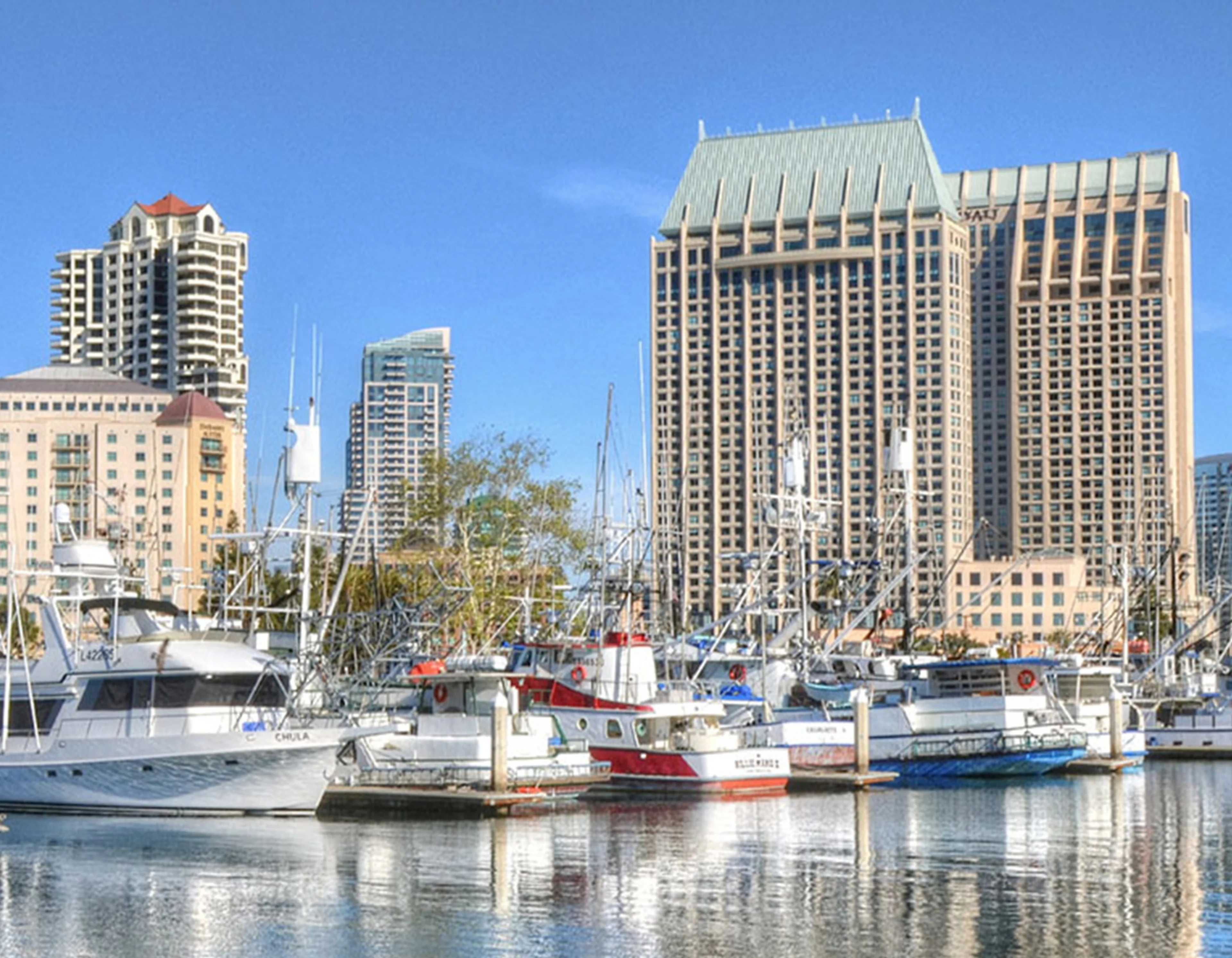 Boats in the San Diego Harbour, some buildings and skyscrapers in the background.