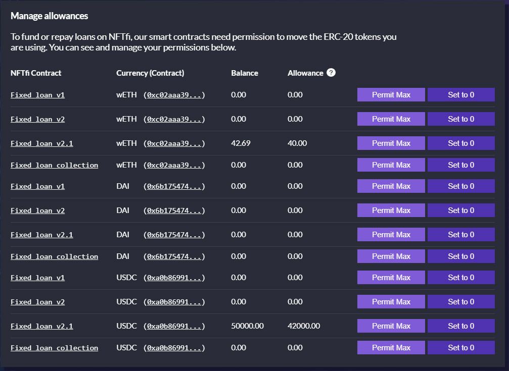 NFTfi allowances