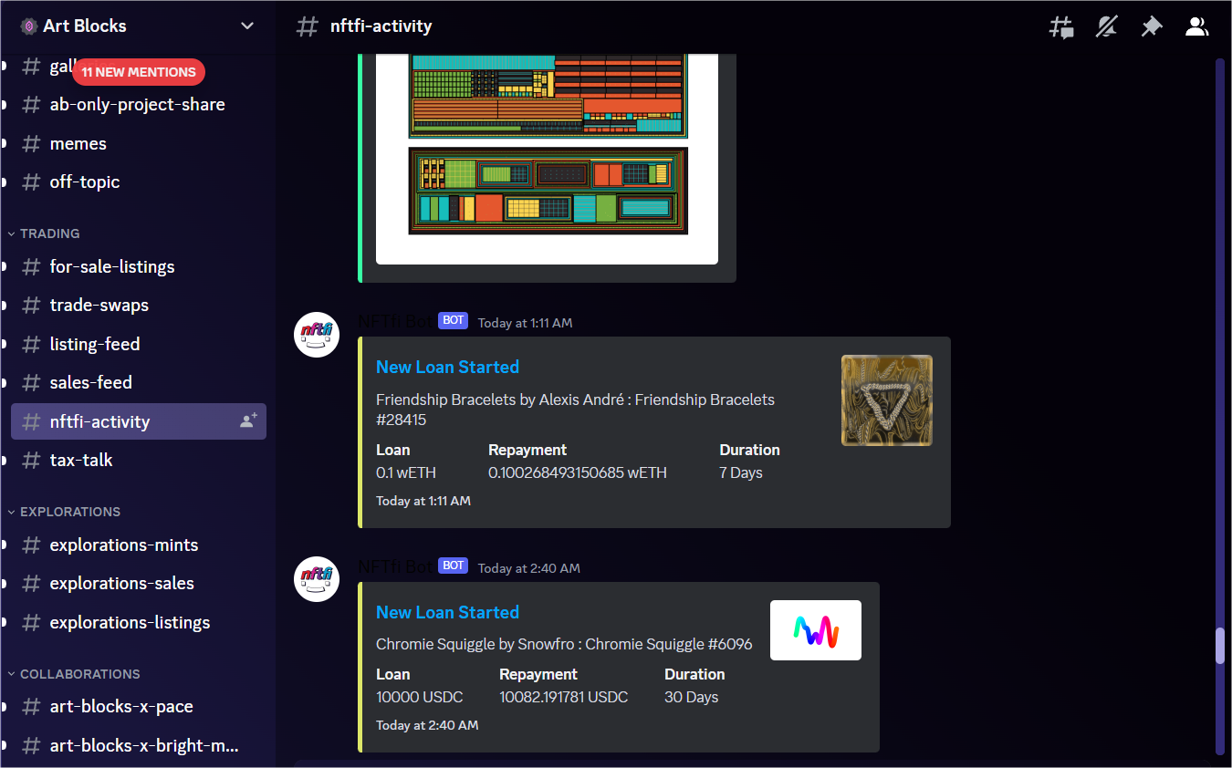 NFTfi bot Art Blocks Discord