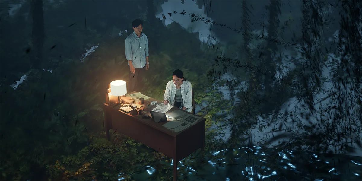 Two people at a lamp-lit desk surrounded by a dark, eerie forest in a surreal scene.