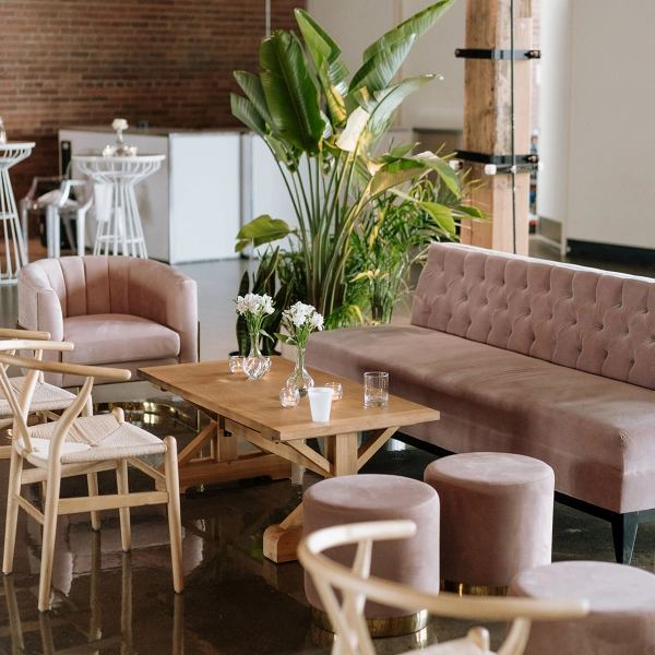 A chic modern seating arrangement with blush pink velvet furniture, light wood accents, and large green plants.
