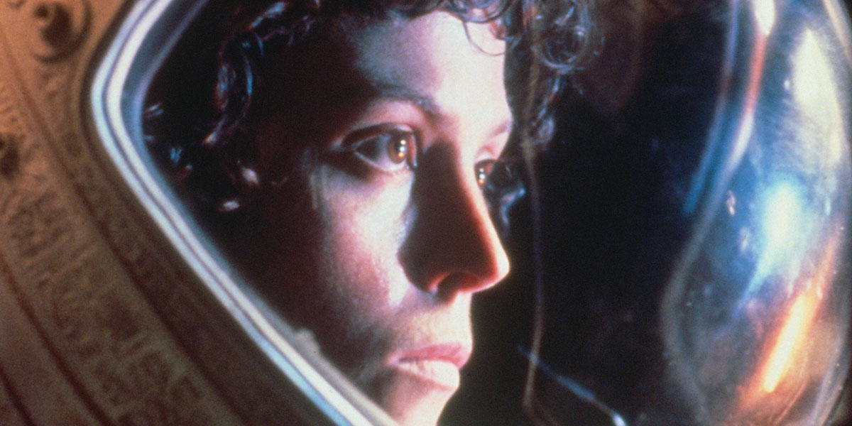 Ripley (Sigourney Weaver) in a space suit looking out into space