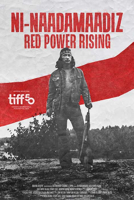 Movie poster for "Red Power Rising" showing silhouetted figures against a stark black and white landscape with red accents