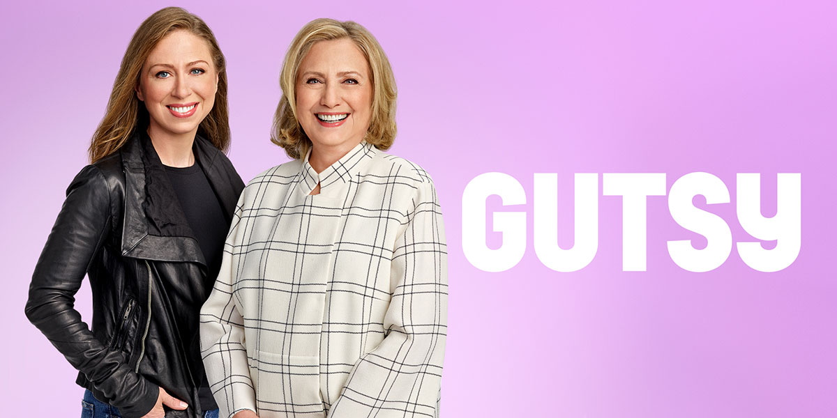 Hillary Rodham Clinton and Chelsea Clinton against a pink background with the film title Gutsy in white