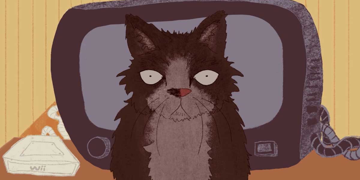 Grumpy black cat with white eyes sits in front of a TV
