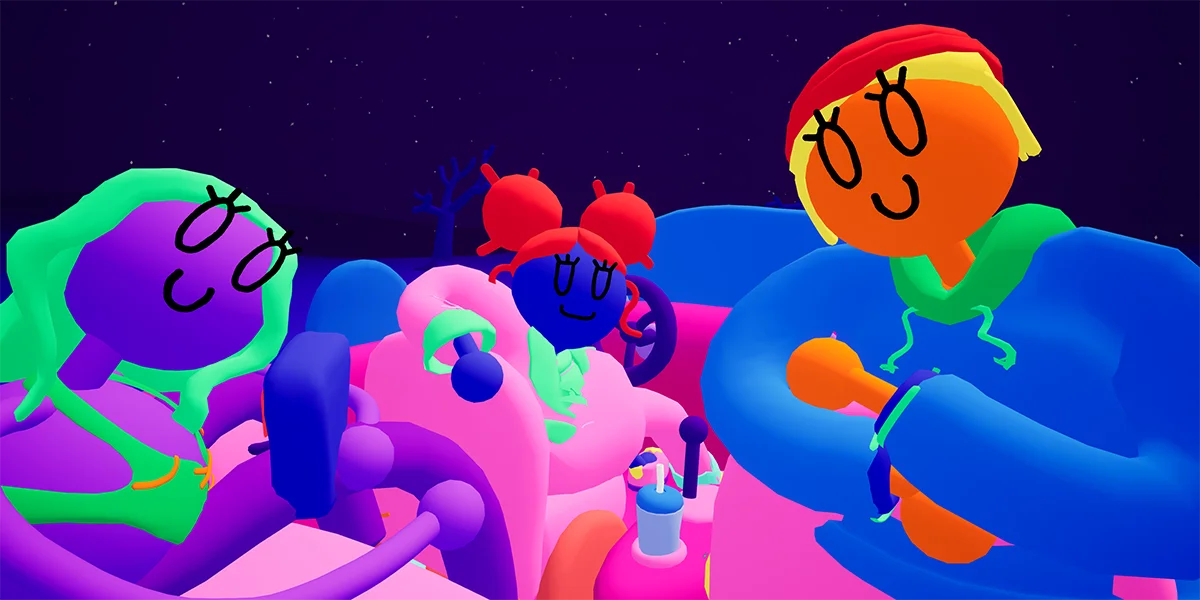 Colorful cartoon characters with round faces relax together at night in a vibrant, neon-colored scene.