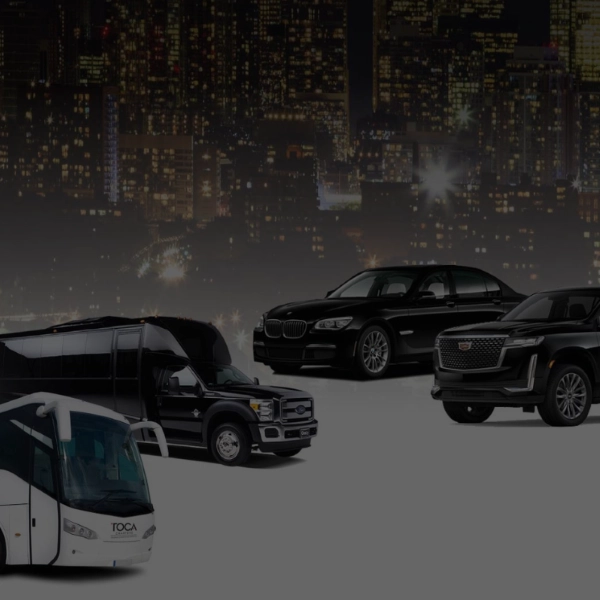 A fleet of charter and luxury vehicles with a city skyline background.
