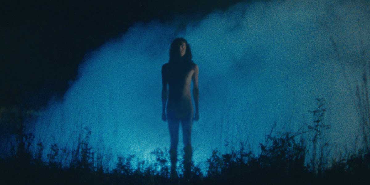 Silhouette of a person standing alone at night against a dark blue sky with shadowy trees below