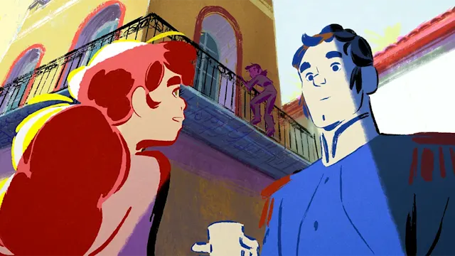 Animated scene of a red-haired woman and a blue-uniformed man talking near a colorful building with a balcony.