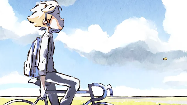 A watercolor painting of a boy with a backpack listening to headphones while sitting on his bicycle under a cloudy blue sky.