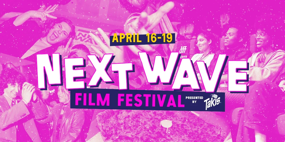 Promotional poster for Next Wave Film Festival, April 16-19, featuring energetic crowd on bright pink background